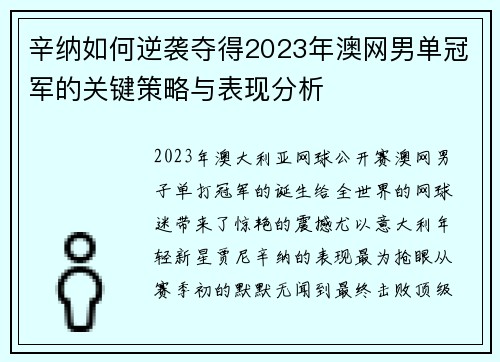 辛纳如何逆袭夺得2023年澳网男单冠军的关键策略与表现分析