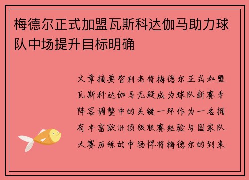 梅德尔正式加盟瓦斯科达伽马助力球队中场提升目标明确 梅德尔正式加盟瓦斯科达伽马助力球队中场提升目标明确
