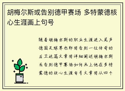 胡梅尔斯或告别德甲赛场 多特蒙德核心生涯画上句号