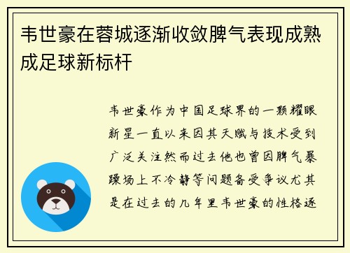 韦世豪在蓉城逐渐收敛脾气表现成熟成足球新标杆 韦世豪在蓉城逐渐收敛脾气表现成熟成足球新标杆