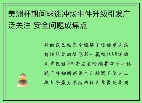 美洲杯期间球迷冲场事件升级引发广泛关注 安全问题成焦点